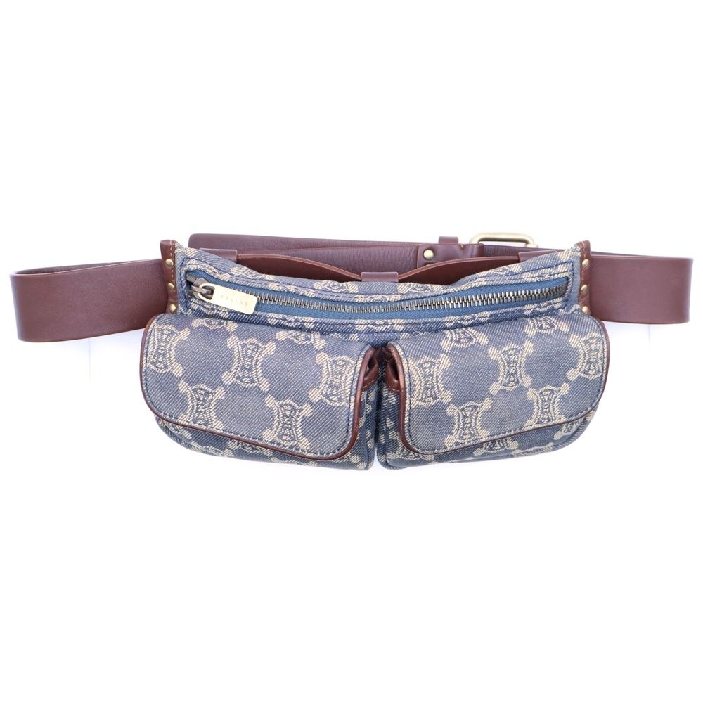 CELINE セリーヌ マカダム ウエストバッグ ボディバッグ ショルダーバッグ インディゴブルー×ブラウン キャンバス×レザー デニム