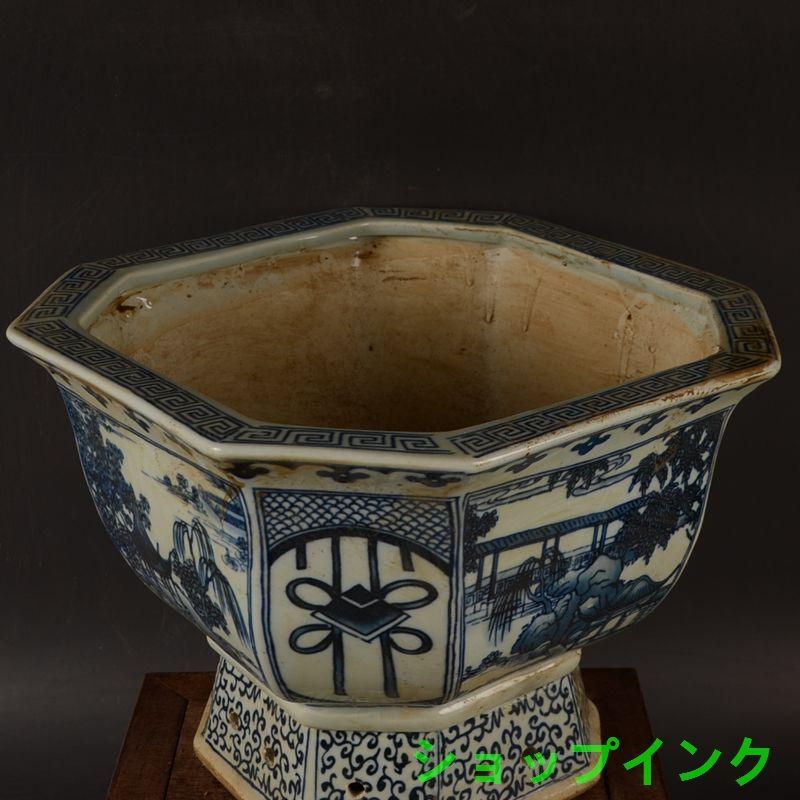 青花開窓庭楼四方高脚鉢 陶磁器 装飾品 現代工芸品美術品 置物