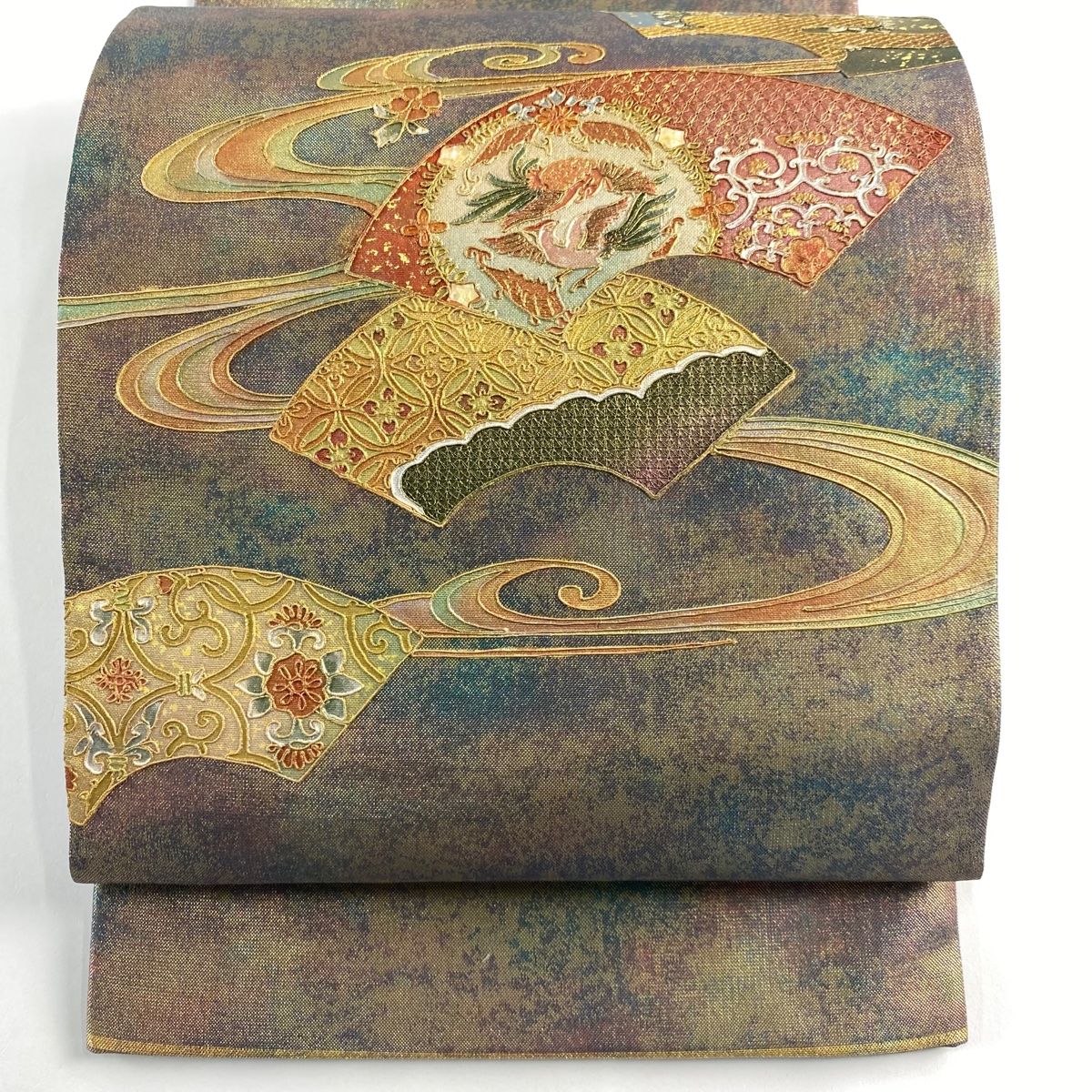 袋帯 秀品 関西仕立て 扇面 花鳥 金彩 箔 青紫 お太鼓柄 正絹