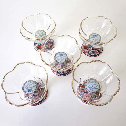 三洋陶器 龍峰窯 つみき 赤絵花鳥 ガラスデザートカップ 鉢揃