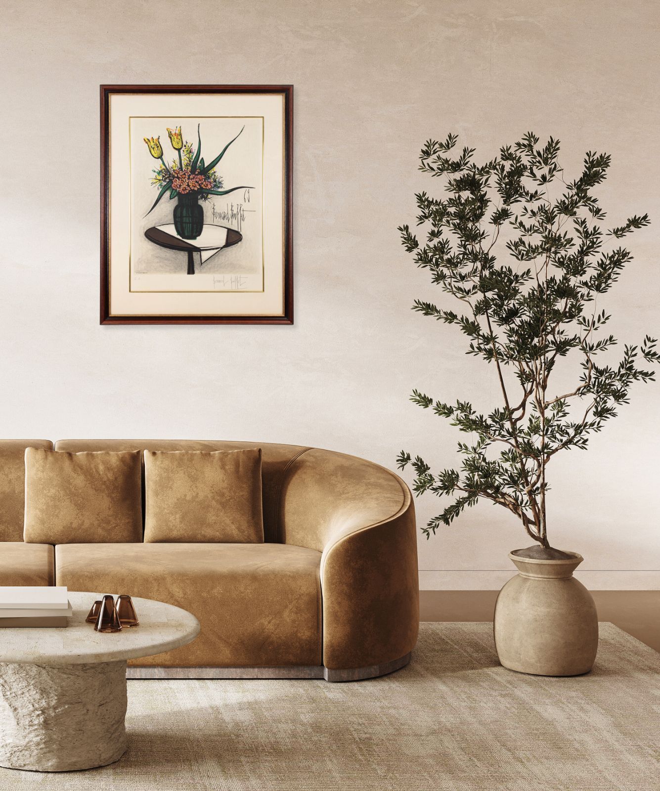 ベルナール・ビュッフェ 「丸テーブルの上の花束」 版画 絵画
