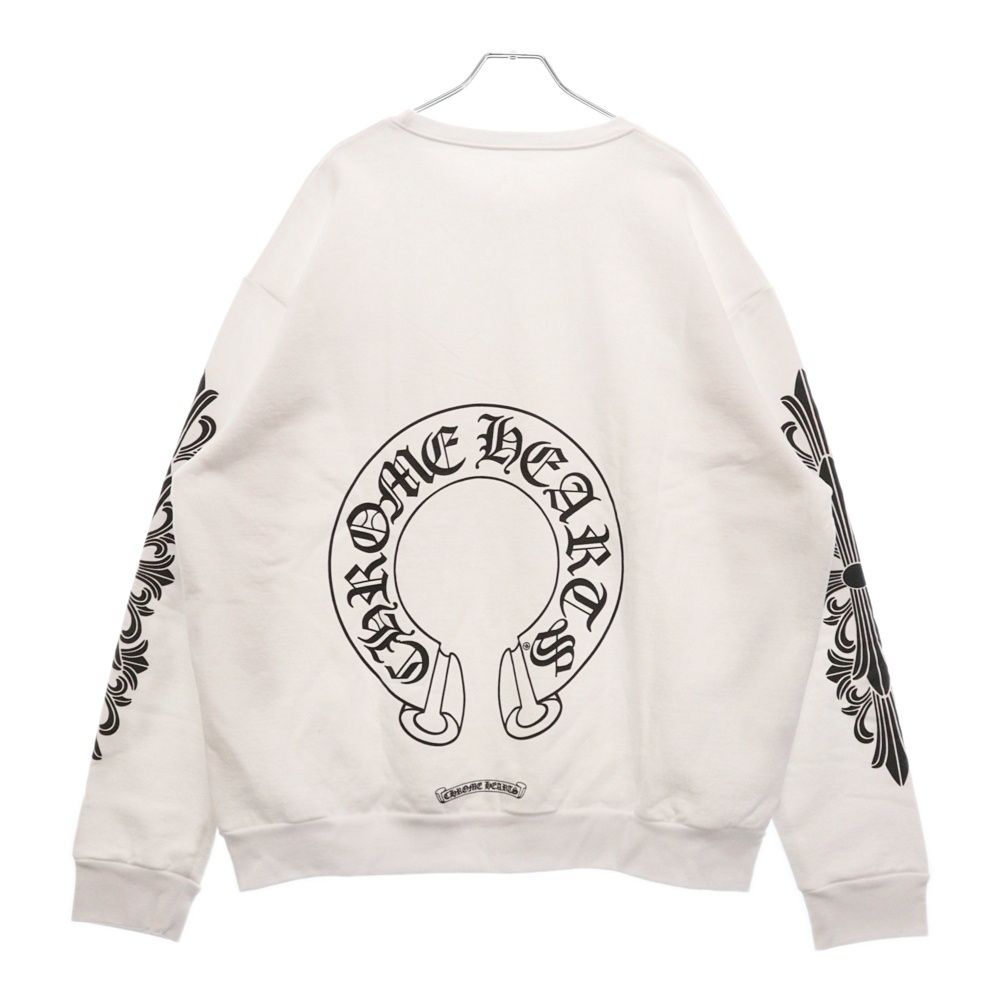 CHROME HEARTS クロムハーツ Horseshoe Crewneck Sweatshirt ホースシュープリント 袖フローラル クルーネックスウェットトレーナー ホワイト