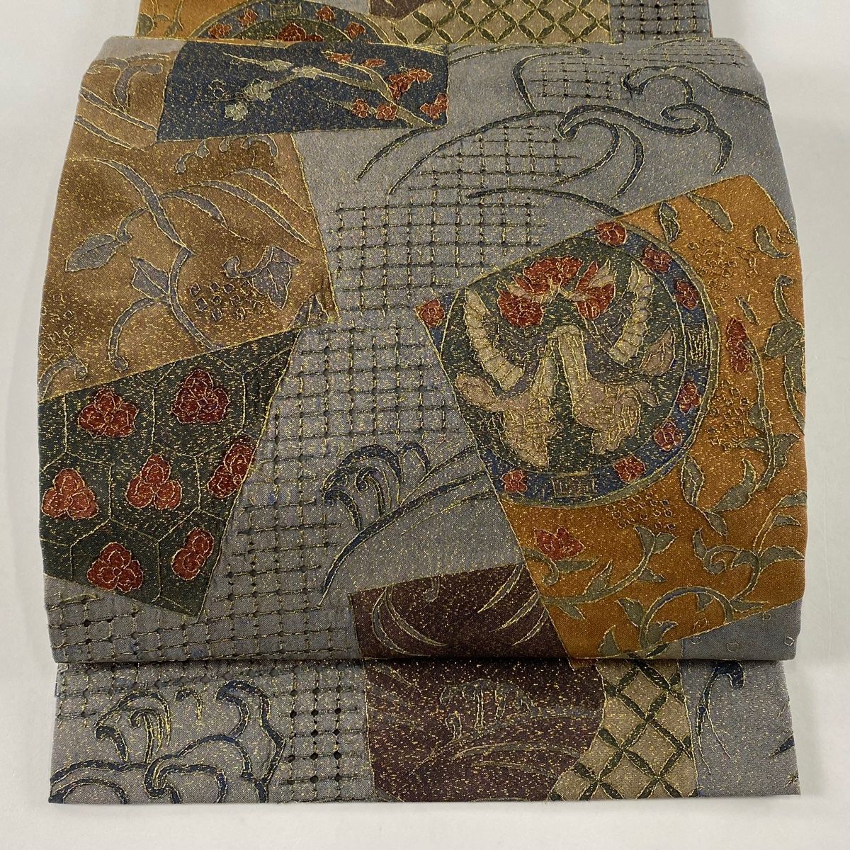 袋帯 草花 波 刺繍 金糸 灰色 全通 正絹