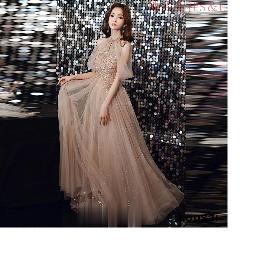 イブニングドレスホルターネックオフショルダーパーティードレスロング