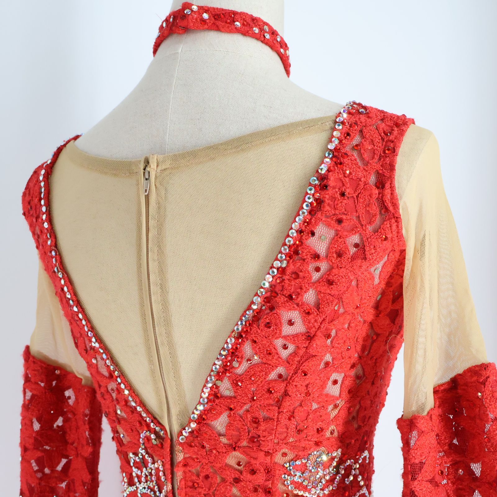 社交ダンス衣装】レッド ワンピース ドレス 赤 フリル レース フロート