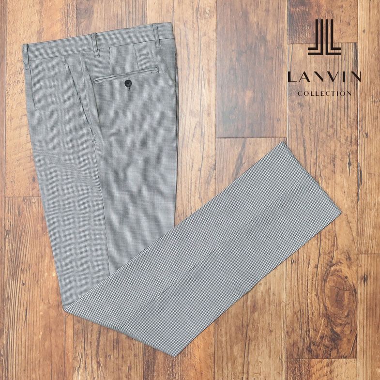 春夏/LANVIN COLLECTION/50サイズ/スラックス パンツ なめらか 清涼サマーウール 千鳥格子 ワンタック  美脚 新品/黒×白/ib186/