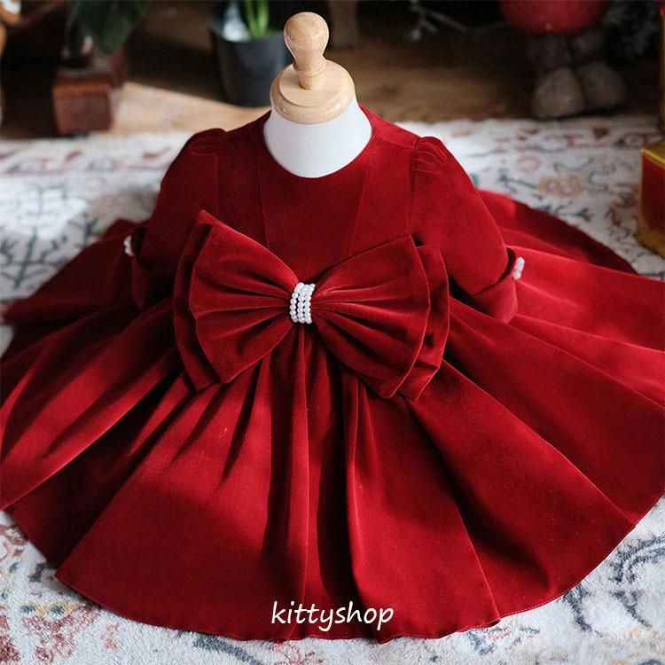 子供ドレス 女児ドレス ワイン赤 ベビードレス 誕生日 出産祝い 長袖 リボン 可愛い ワンピース ドレス 女の子 ベビー服 子どもドレス 子供服