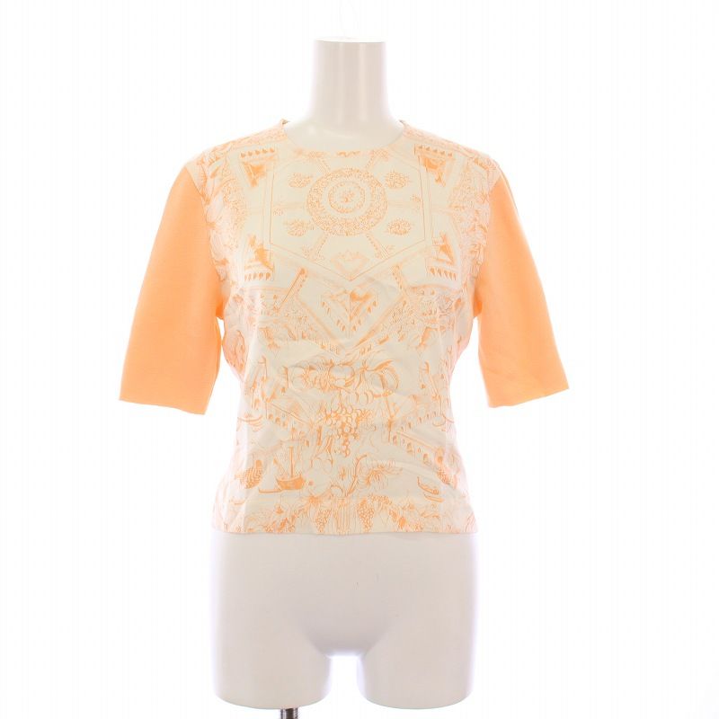 美品 エルメス シルク切り替え 総柄 半袖 ニット ポロシャツ カットソー HERMES スカーフ柄カシミヤ×シルク ニットブラウス ポロシャツ