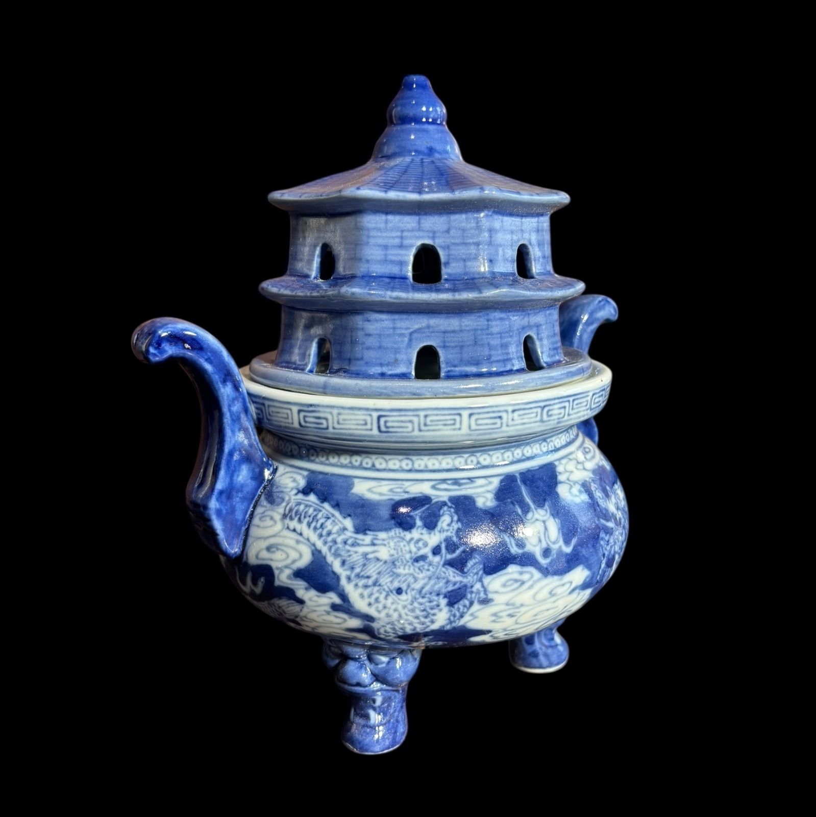 染付 龍 三足 香炉 香道具 美術品 インテリア 置物 陶器 中国 時代物