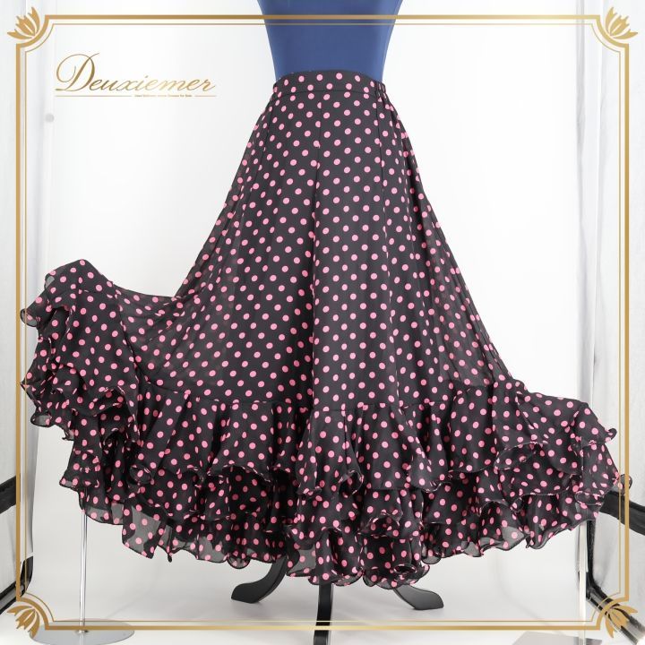 フラメンコ 衣装 ファルダ ブラック系 イチオク スカート ドット柄 水玉 黒 ボランテ ボリューム かわいい ダンス衣装 フリル ICHIOKU 華やか 舞台 発表会 ピンク系