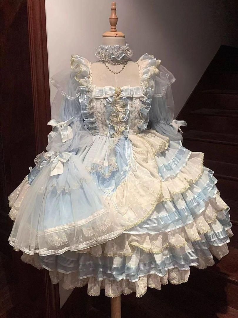 25年 コスプレ フリル 水色ゴスロリドレス ヘッドドレス かわいい メイド 撮影会 舞台 イベント 618-57