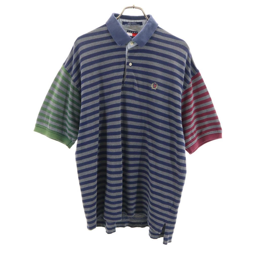 トミーヒルフィガー 90s  オールド フラッグタグ ボーダー柄 半袖 ハーフボタン ポロシャツ XL グレー TOMMY HILFIGER メンズ 古着 【240325】