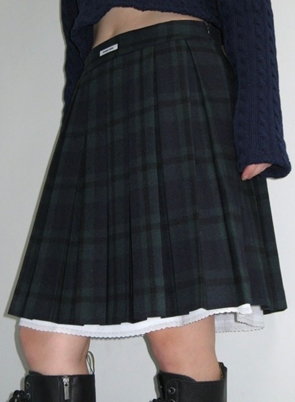 CRANK CHECK LAYERED WOOL PLEATS SKIRT