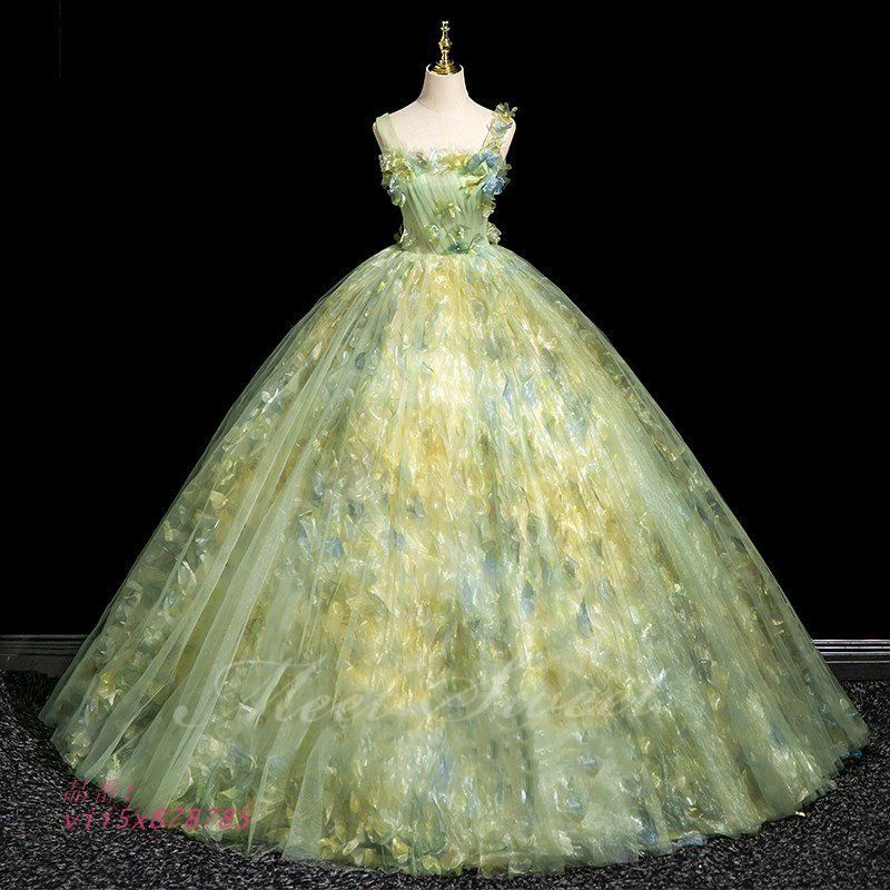 ドレス ライトグリーン ノースリーブ フラワー 演奏会 発表会 ウエディングドレス 花嫁 妖精 プリンセスドレス ウェディングドレス ファンタジック 二次会 vii5x878785