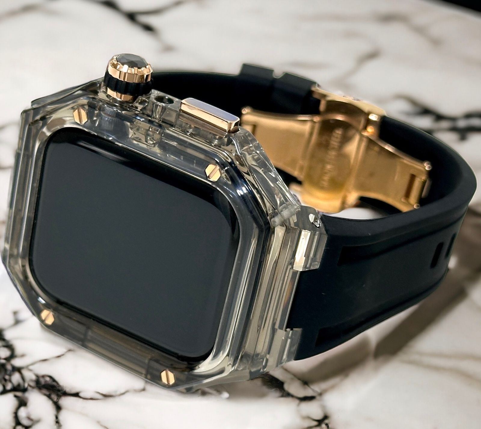 クリアブラック ローズゴールド ブラック アップルウォッチ ラバーベルト カバー クリア ケース 40mm 41mm 44mm 45mm 4 5 6 7 8 9 se スポーツ メンズ レディース 4スクリュー Apple Watch バンド Dバックルモデル