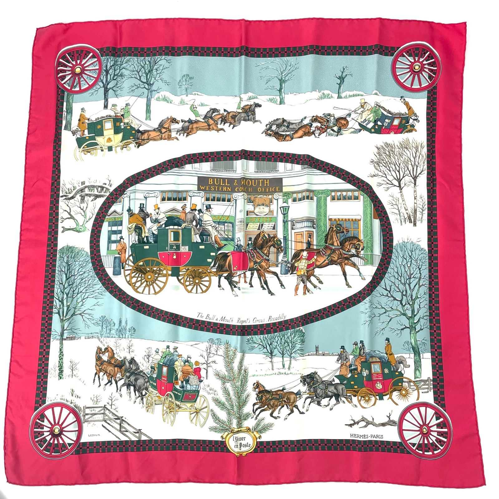 HERMES エルメス カレ90 郵便馬車 LHIVER EN POSTE スカーフ シルク レッド
