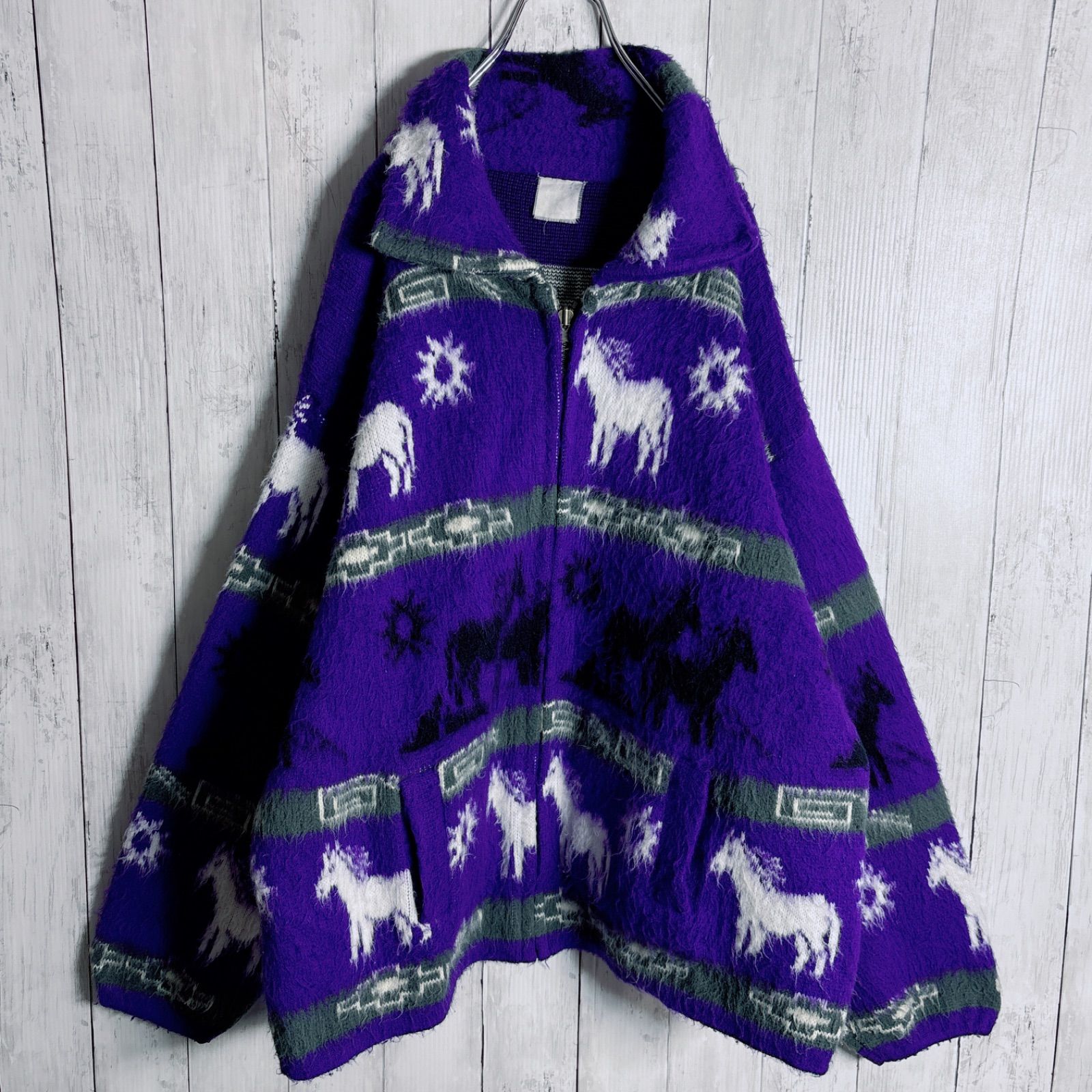 お宝古着 90s アニマル 動物 馬 総柄 ウール フルジップ セーター