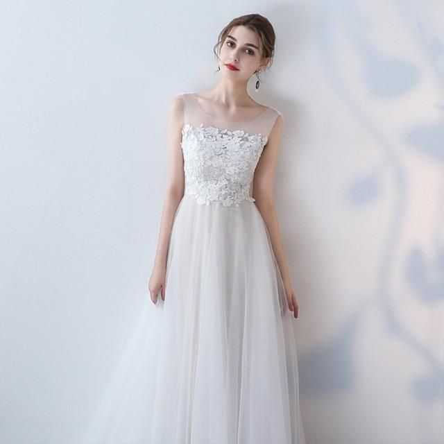ウエディングドレス ロング丈 結婚式ドレス ノースリーブ