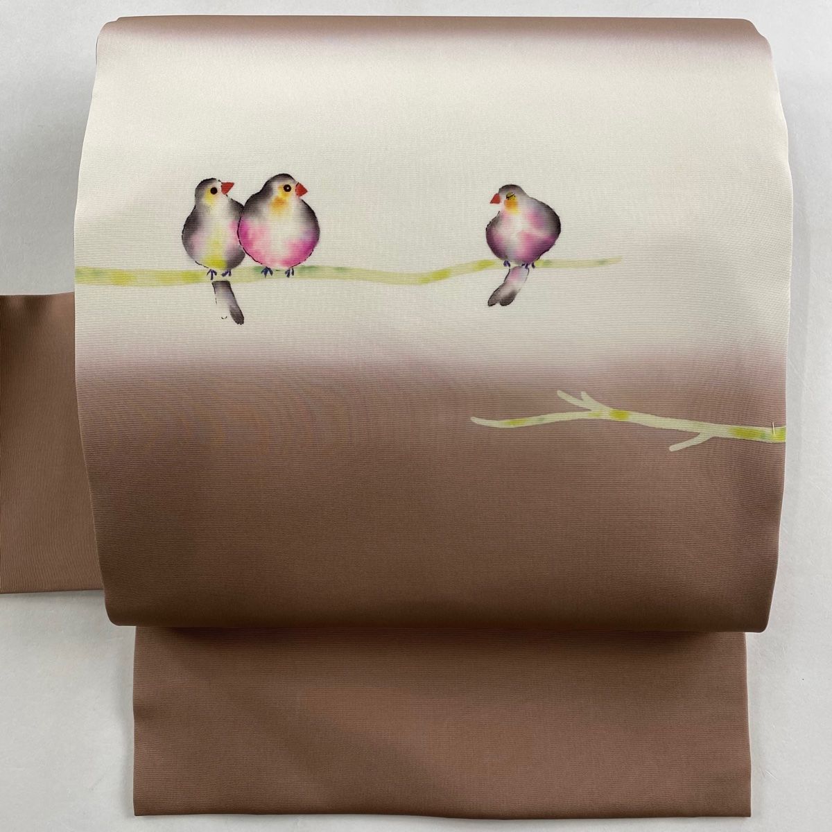 名古屋帯 美品 名品 落款 片岡鶴太郎 鳥 枝梅 小豆色 正絹 【中古 