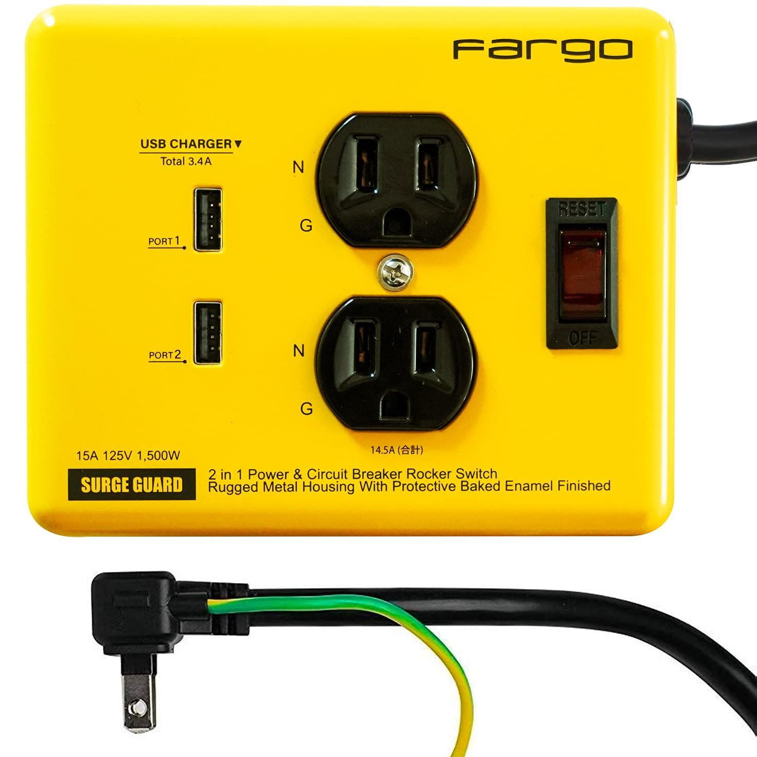 新着商品 3.4A USB 3ピン コンセント 電源タップ 2個口 雷ガード イエロー ファーゴ 1.8m PT410YE