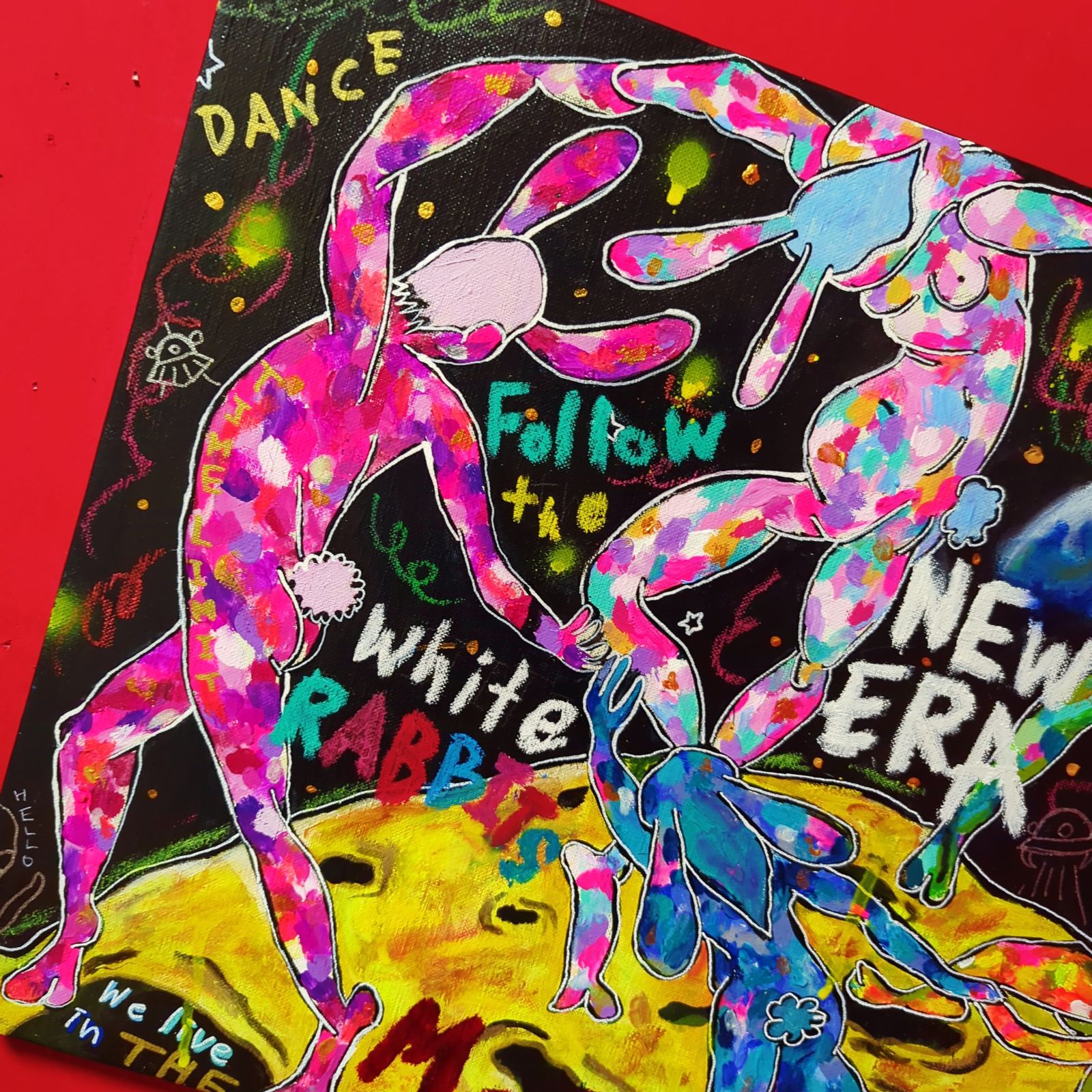 【一点物現代アート】月の裏側でダンスするうさぎの絵【F8号】 一点物現代アート】月の裏側でダンスするうさぎの絵【F8号】 一点