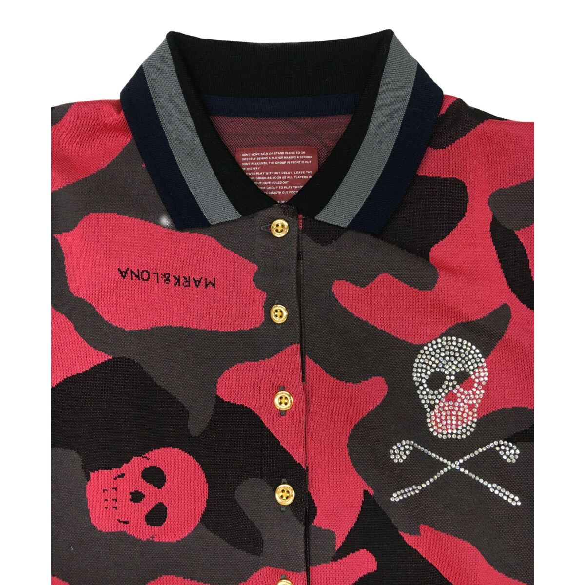 未使用に近い マークアンドロナ 半袖 ポロシャツ カモフラ スカル ロゴ 総柄 マークアンドロナ 半袖ポロシャツ 白×ピンク 迷彩総柄 スカル カモフラ