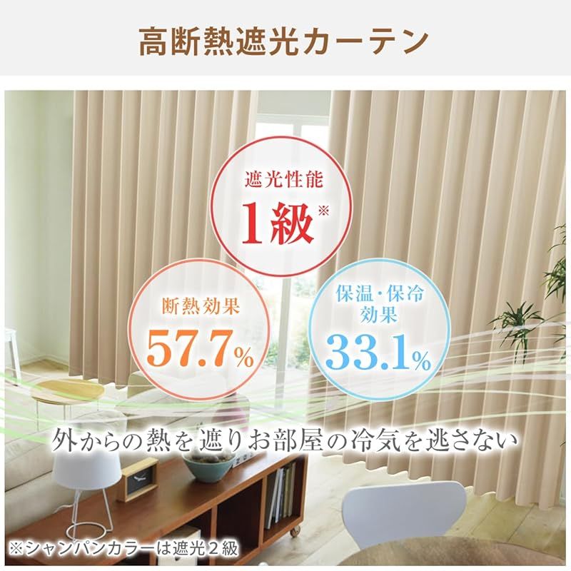 カーテンくれない 1級 遮光カーテン K-wave-D-plain 防炎 ラベル付 40色×140サイズ 2枚組 節電対策に 保温 保冷 断熱 遮熱 エクリュ 幅100×丈215cm