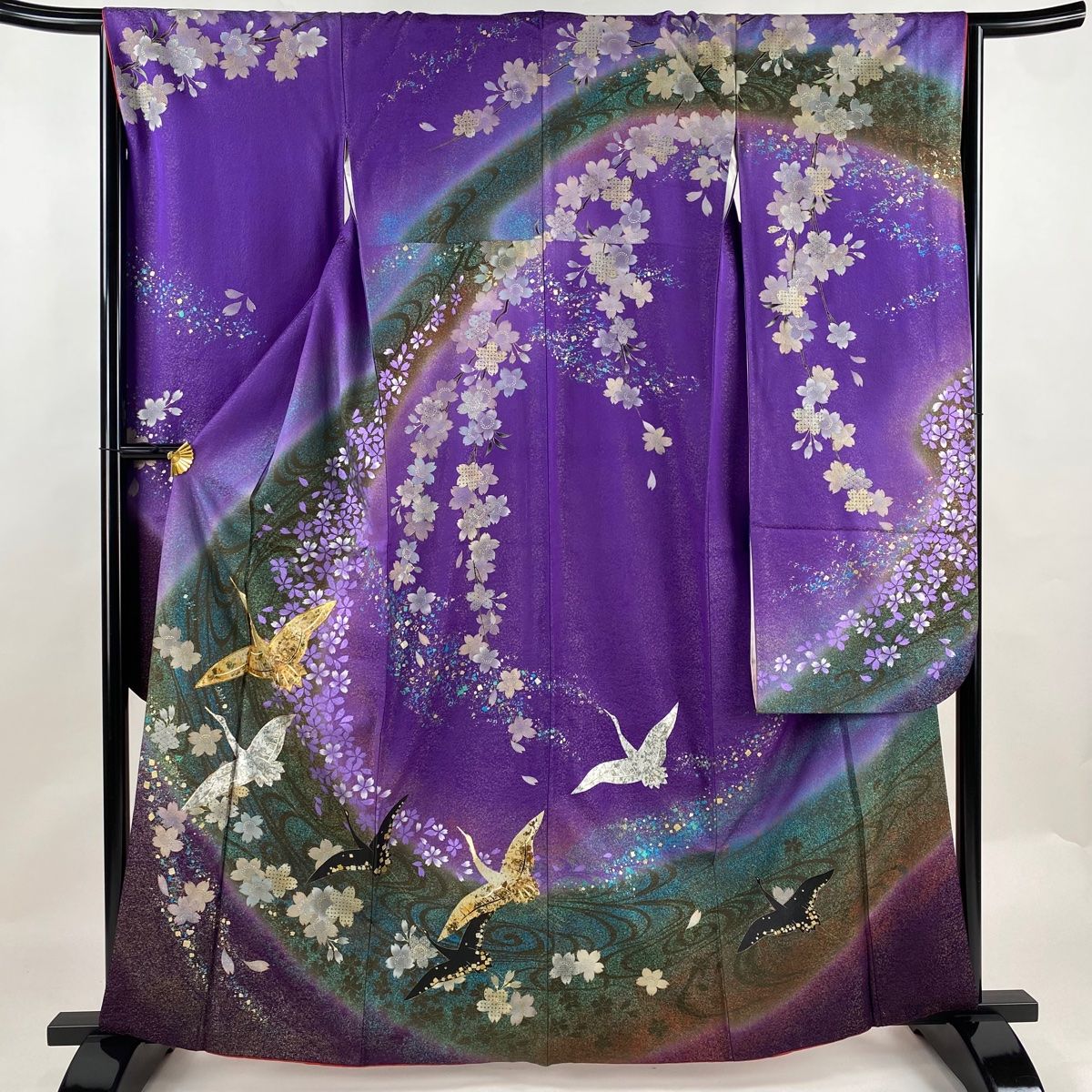 【2025年最新】大人気ブランドの人気アイテム  鶴 袷 M 裄丈65cm 身丈162.5cm 振袖 桜 正絹 紫 金通し 金銀彩 着物・浴衣