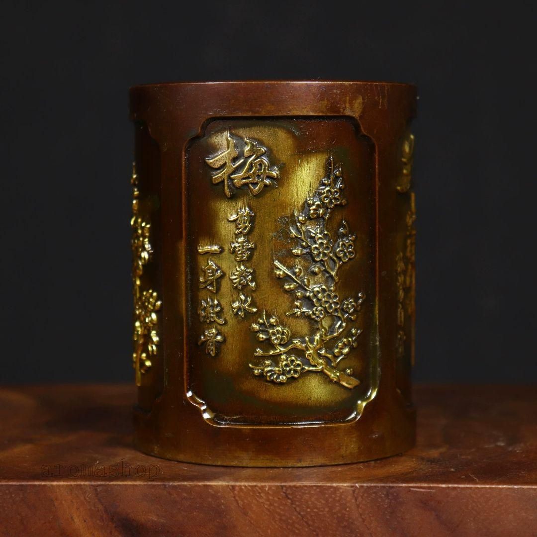 銅器 文房四宝 梅蘭竹菊筆筒 書道具 文房具 装飾品 工芸品 置物 銅製 梅蘭竹菊筆筒 筆置 書道具 文房具 現代工芸品 美術品 置物