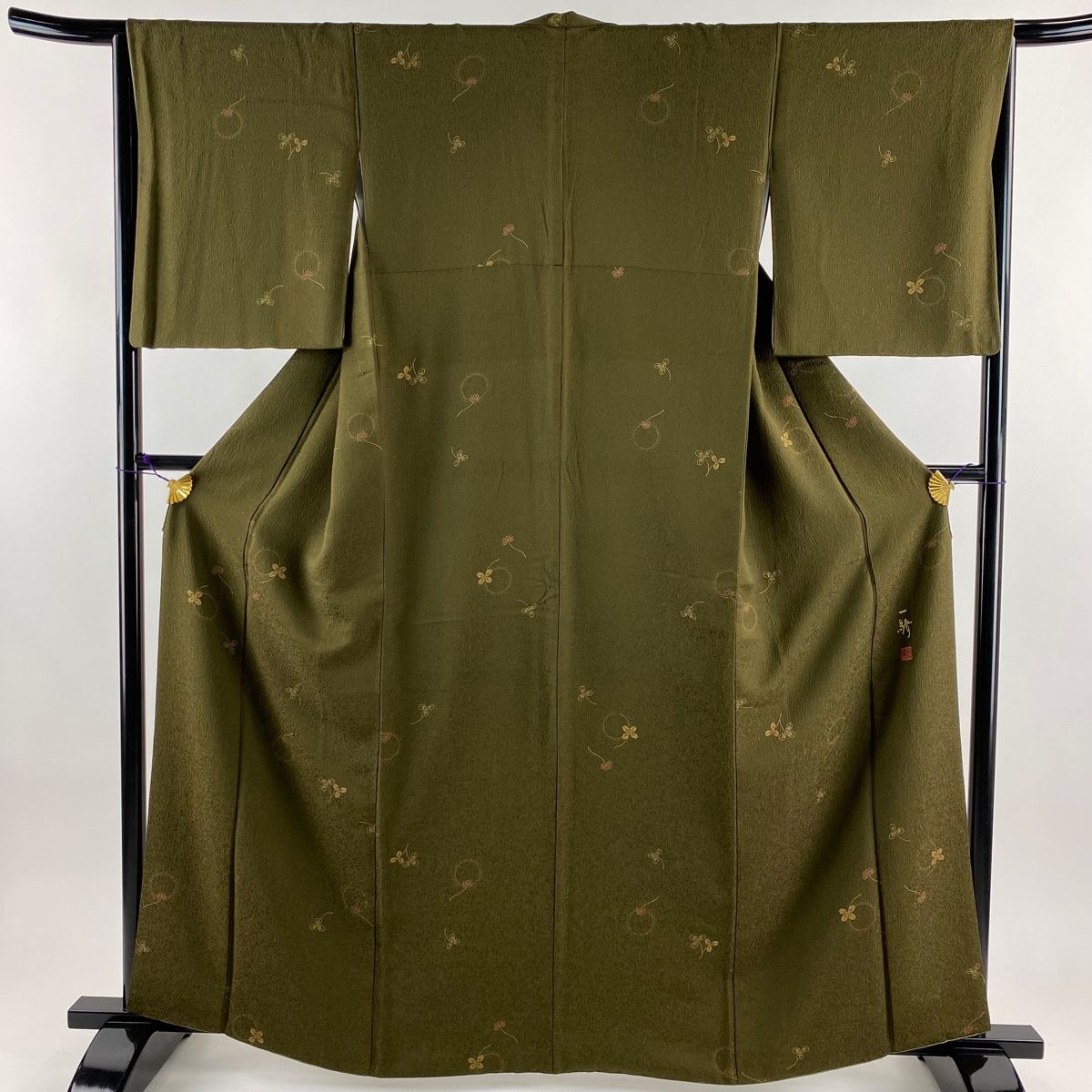 小紋 身丈162.5cm 裄丈65.5cm M 袷 草野一騎 落款 クローバー 茶緑色 正絹 秀品 【中古】 - メルカリ