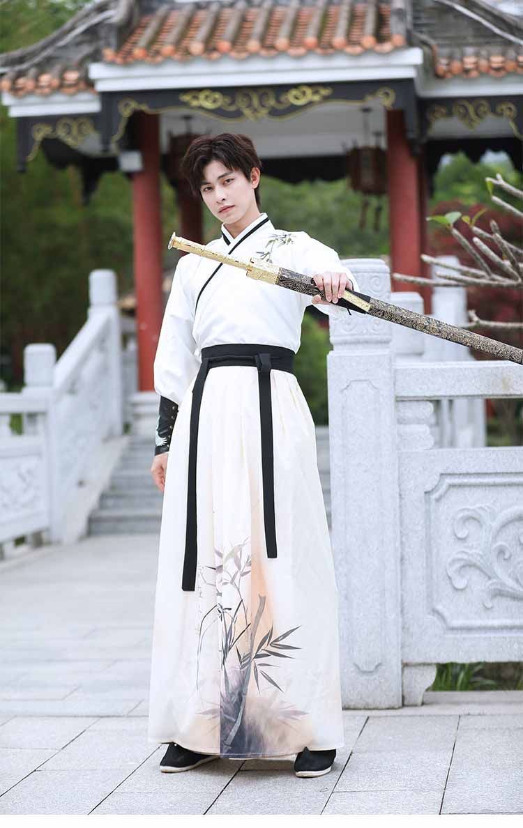 大人 チャイナ服4点セット ホワイト 白 おしゃれ 漢服 中華服 メンズ チャイナ風コスプレ衣装 中国古代服装 袴風 中華コスプレ衣装 タンチョウ 刺繍 振袖羽織 ハロウィン イベント チャイナ古代古典 中華衣裳