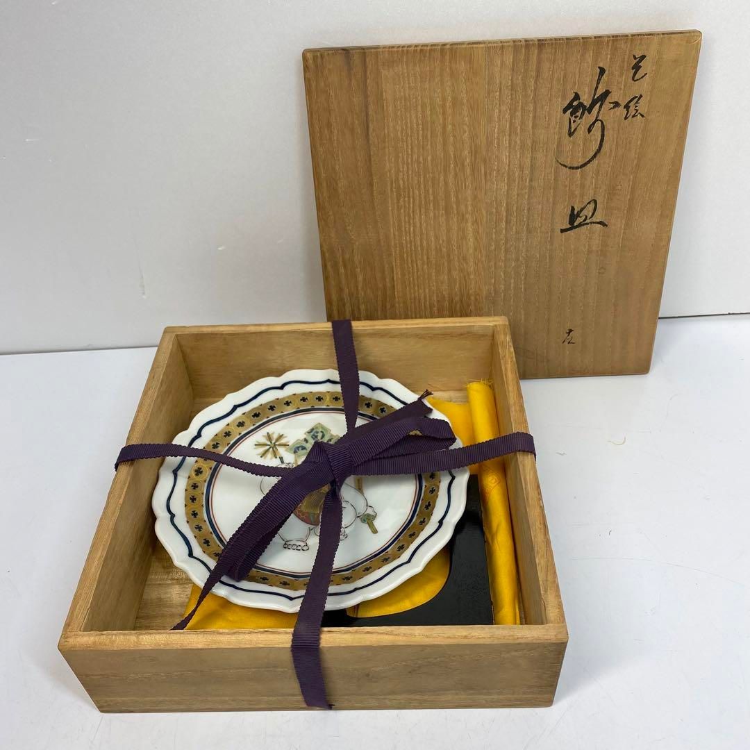 武腰一憲 九谷焼 色絵飾皿 共箱 タトチ 幅約19㎝ 東な6-0528④