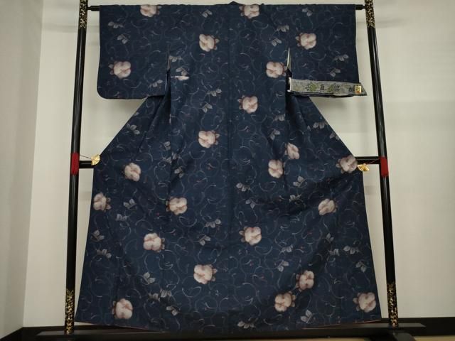 平和屋着物○真綿結城紬 小千谷 草花文 反端付き 正絹 逸品 AAAW4087np