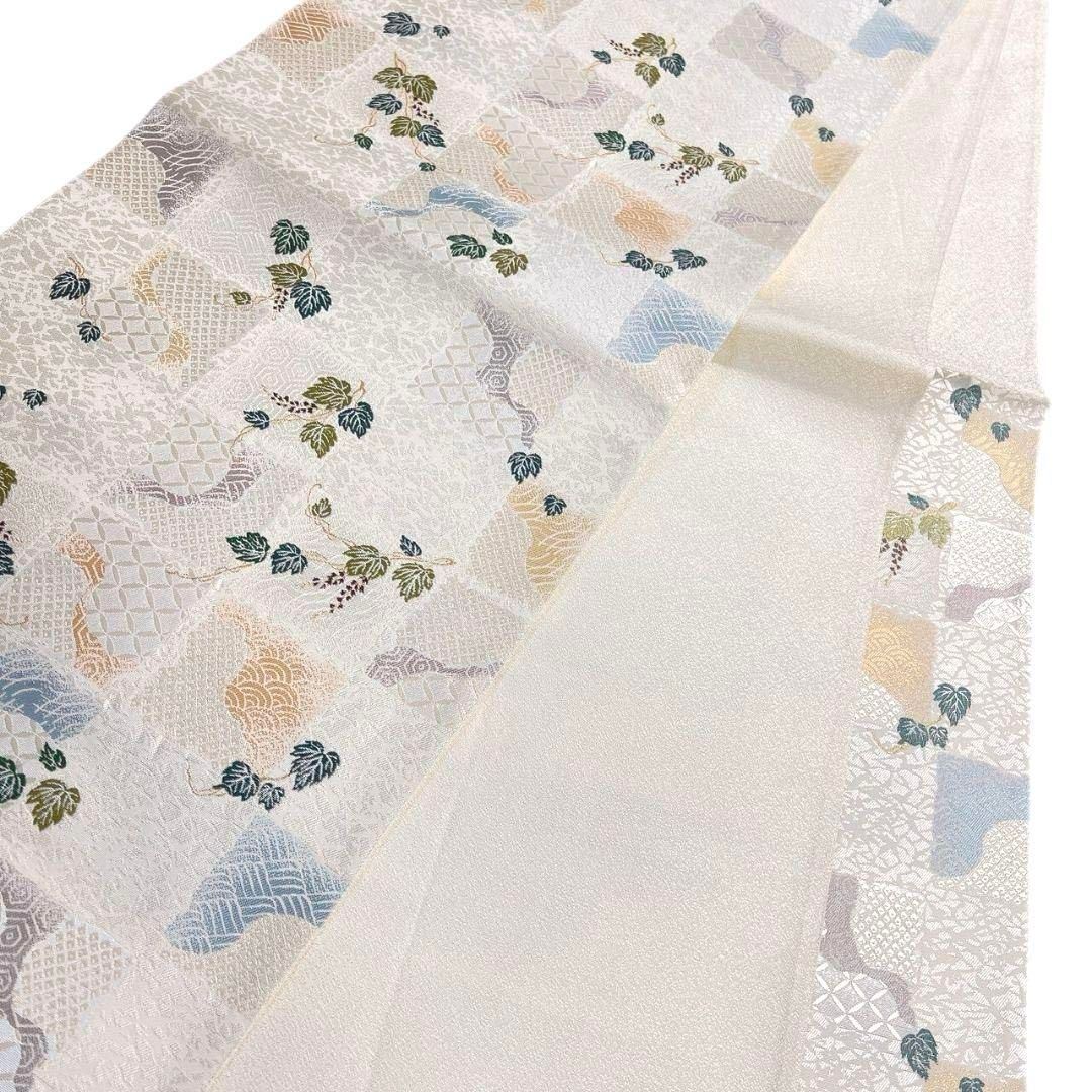 作家もの 袋帯 白地 市松模様 葡萄模様 七宝 鹿の子 着物 052a p