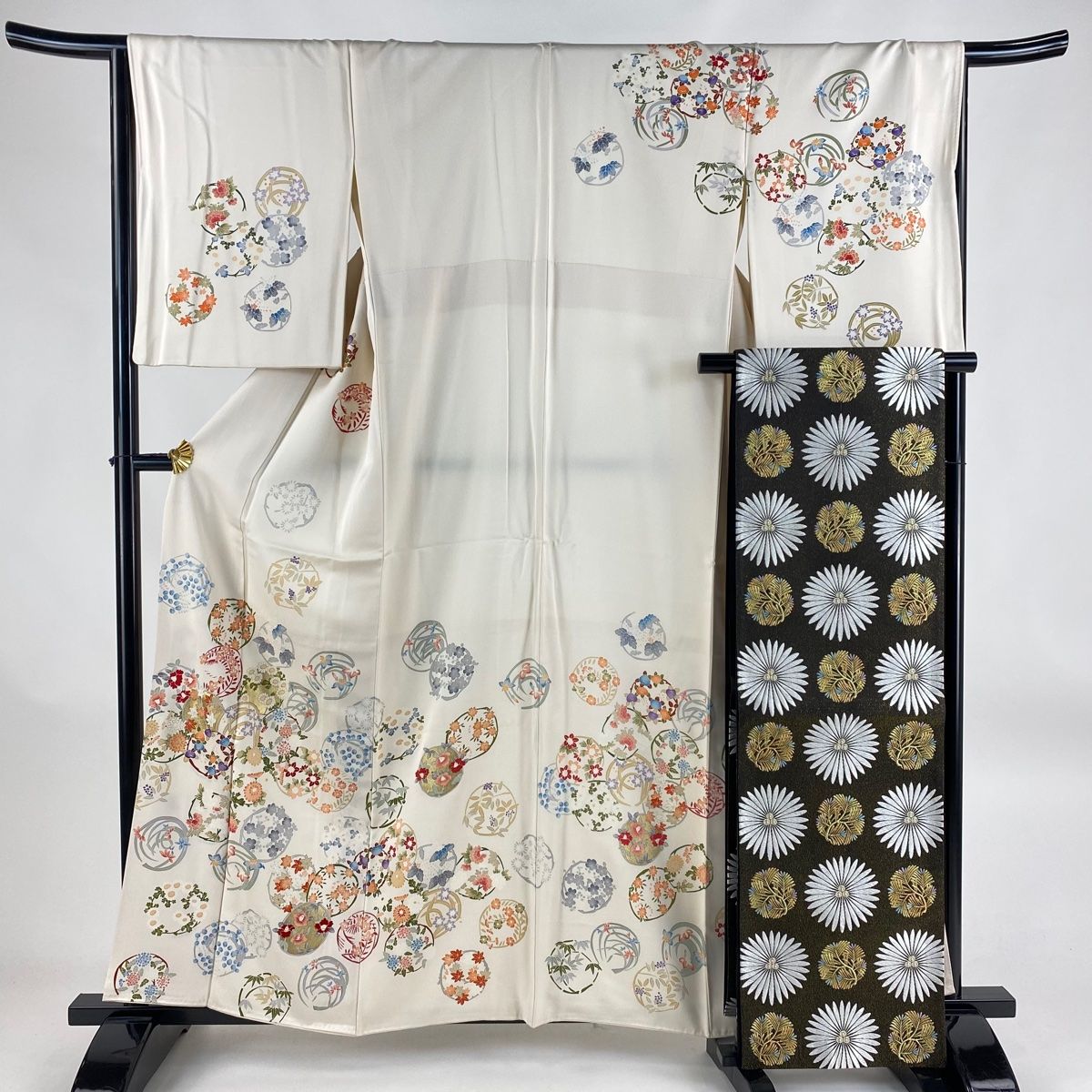 訪問着 身丈159cm 裄丈66.5cm M 袷 袋帯セット 花丸文 金彩 クリーム  