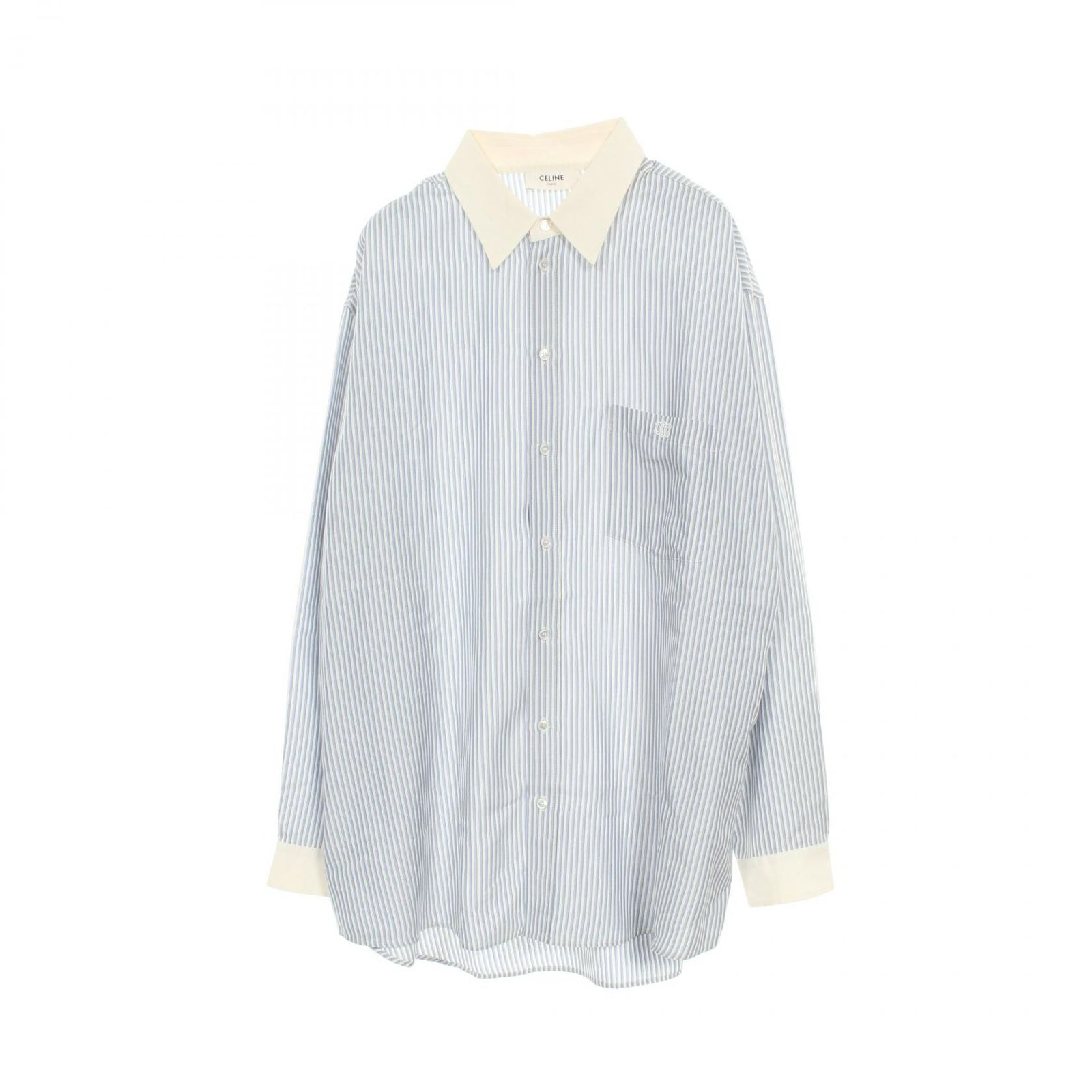 セリーヌ CELINE トリオンフ刺繍 クレリック ストライプ オーバーサイズ 衣料品 トップス シルク レディース ブルー系 / ホワイト系 2C775485S 【中古】 セリーヌ CELINE トリオンフ刺繍 クレリック ストライプ オーバー