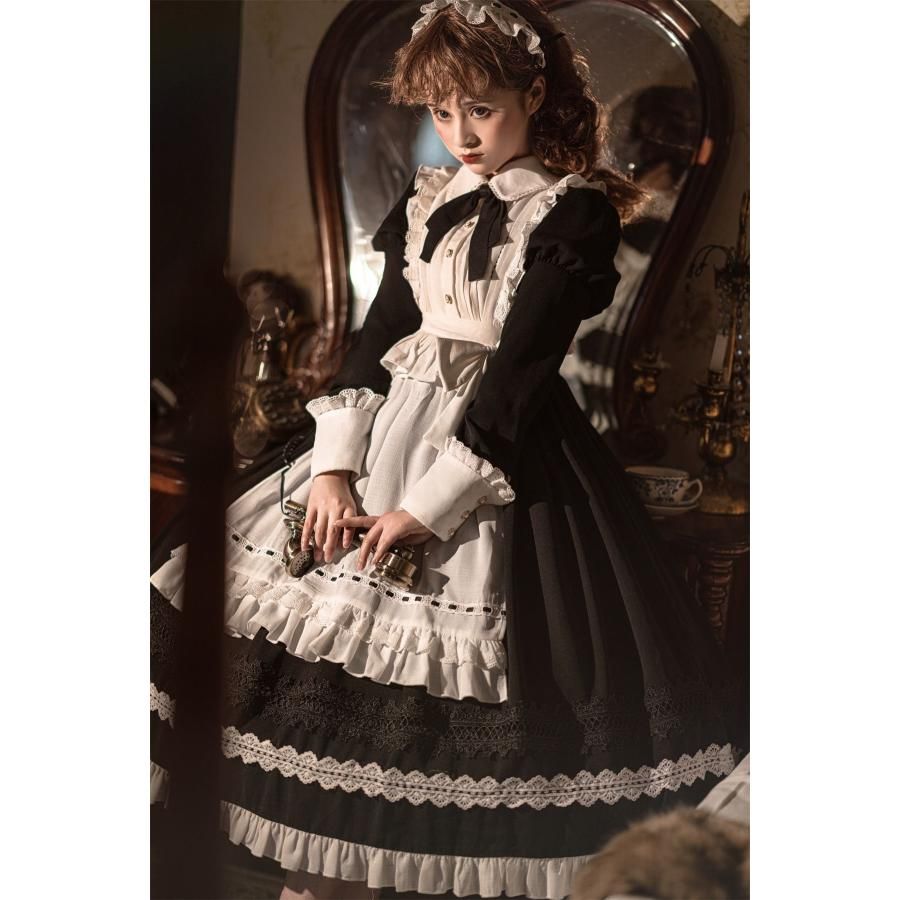 コスプレ メイド服 黒 ブラック 白 ホワイト 華やか メイド 豪華セット レディース ロリータ ワンピース ロリィタ メイド服 ロング クラシック コスプレ ゴシッ　hl1010