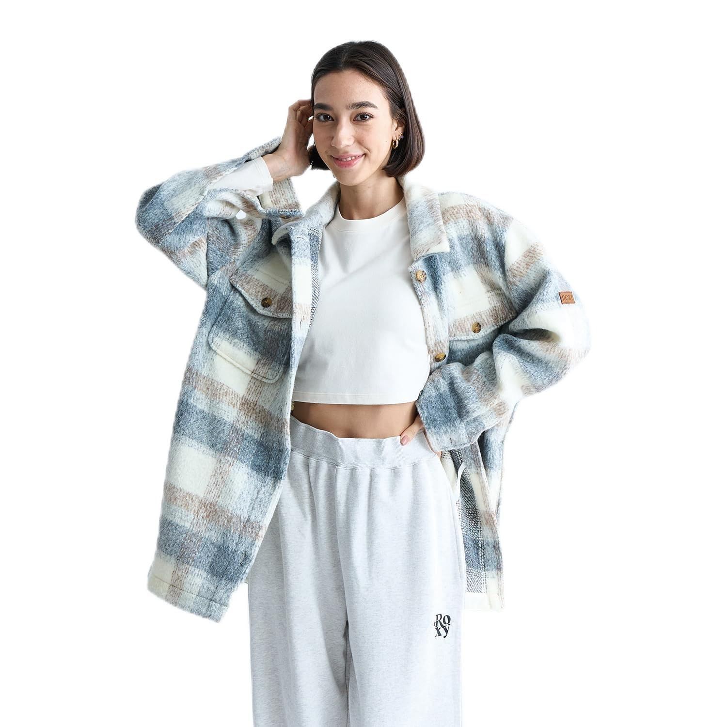 Size M_Color グレー ロキシー ジャガードチェック ロングシャツジャケット レディース RJK244020 GRY