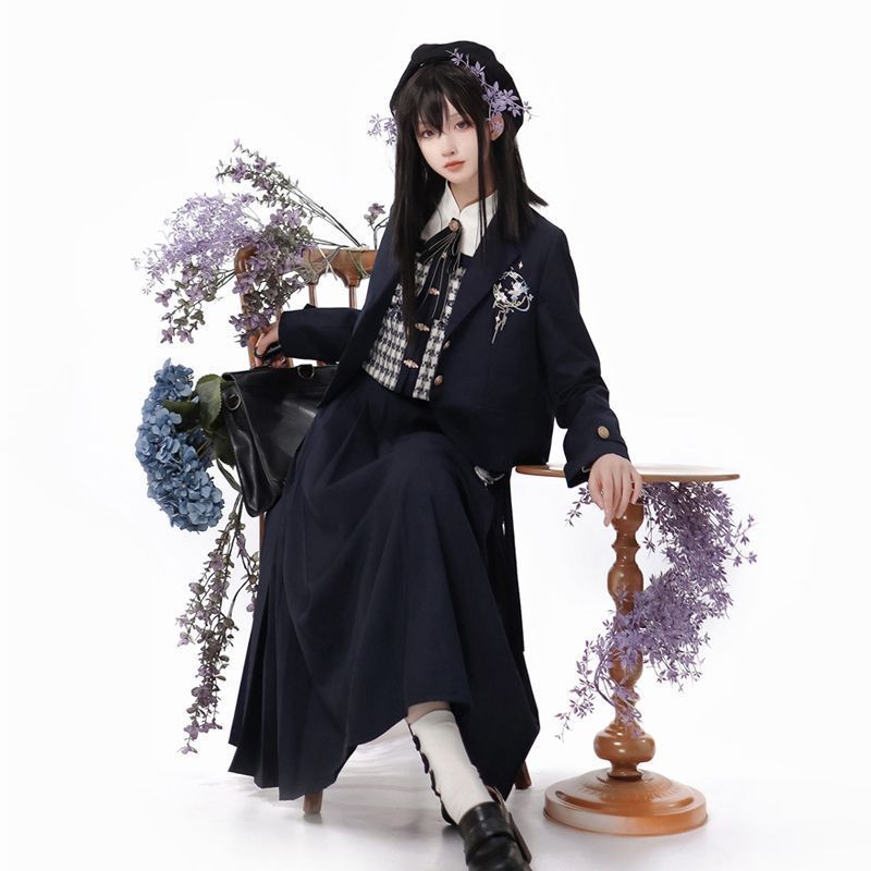 ロリータ銀燕学院風ライトLoセットアップ レトロ文芸スイートスーツ＋ベスト＋シャツ＋スカート 4点セット 学院風×民国風×ライトロ