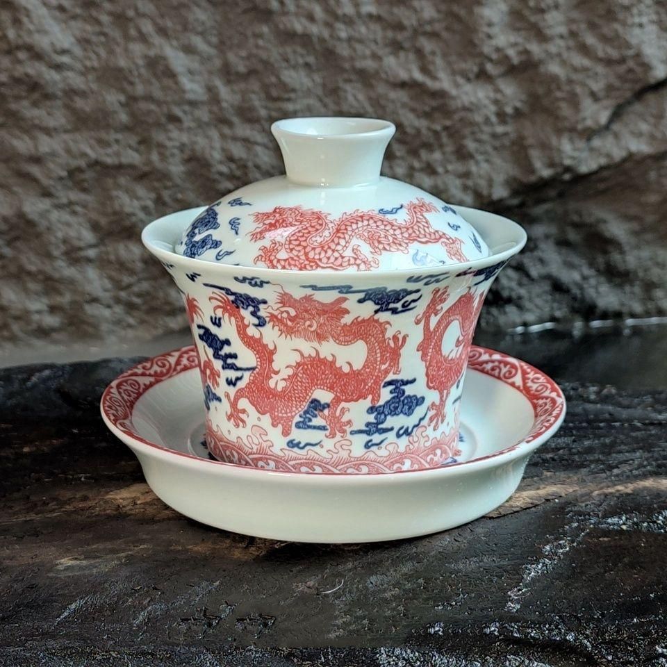 新品】景徳鎮 青花竜紋三才蓋碗 茶碗 湯飲み煎茶器 青花竜纹