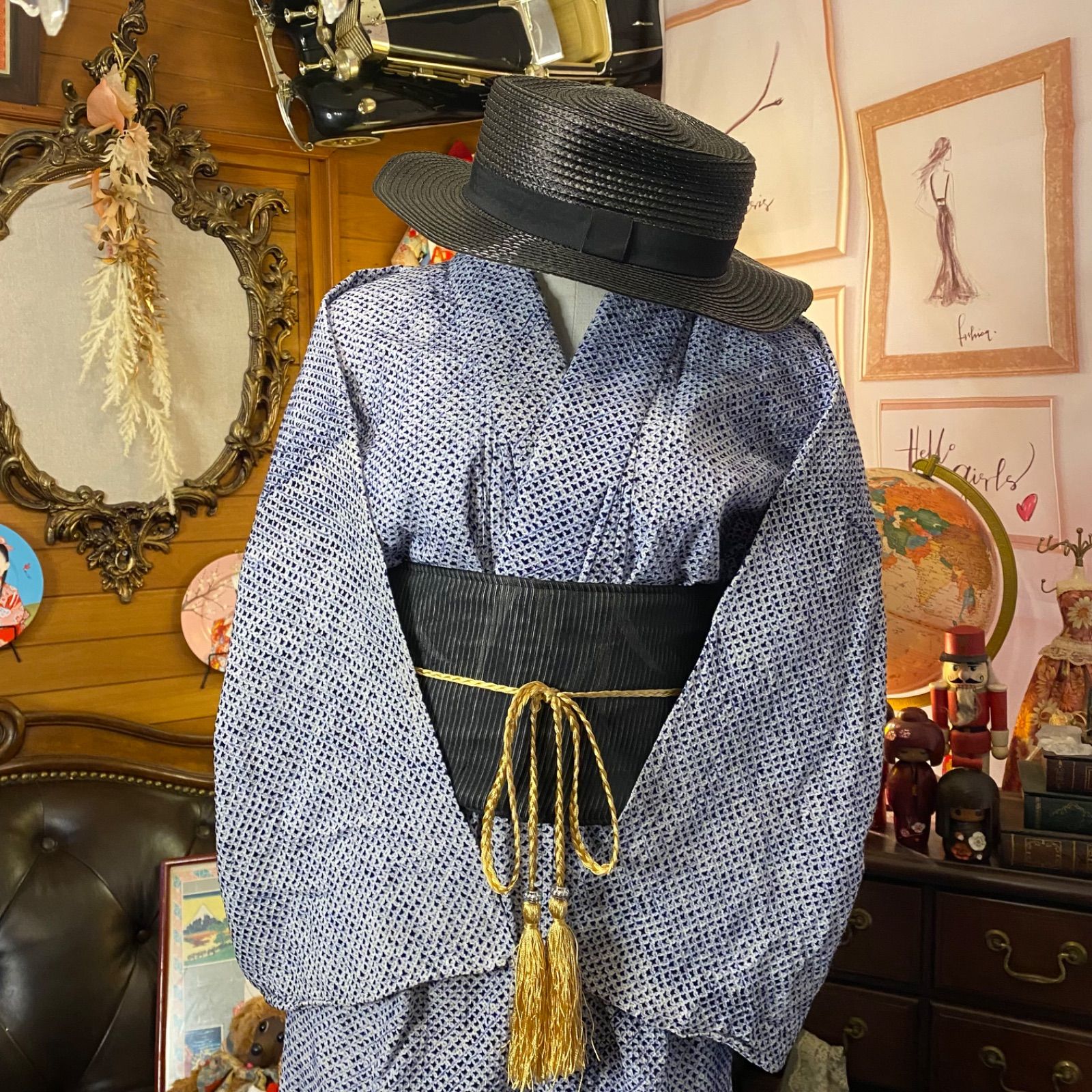 さと　有松絞りリメイク、有松ティアードワンピース、サロペット さと様専用 有松絞りリメイク、有松ティアードワンピース、サロペット