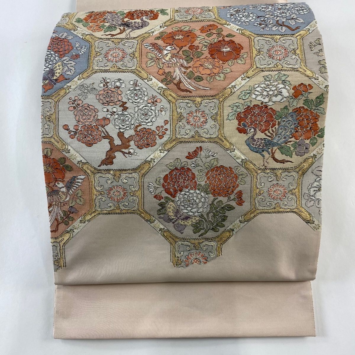 袋帯 名品 蜀江華文 花鳥 金糸 ピンクベージュ お太鼓柄 正絹