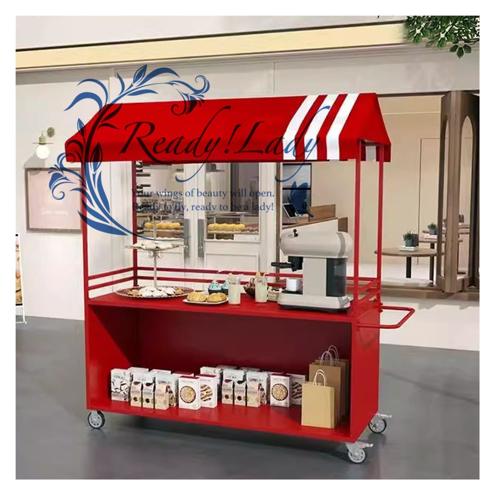 屋台ブース 多機能ハンドカート 車輪付き食品小型カート 屋台食品ベンダーカート 商業キオスク屋台 道端屋台ディスプレイラック Red 120x60x190cm