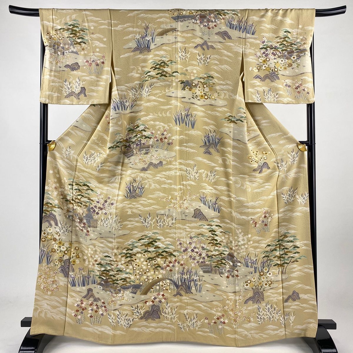 訪問着 身丈166cm 裄丈67.5cm L 袷 家屋 松竹梅 金糸 金彩 ベージュ 正絹 名品