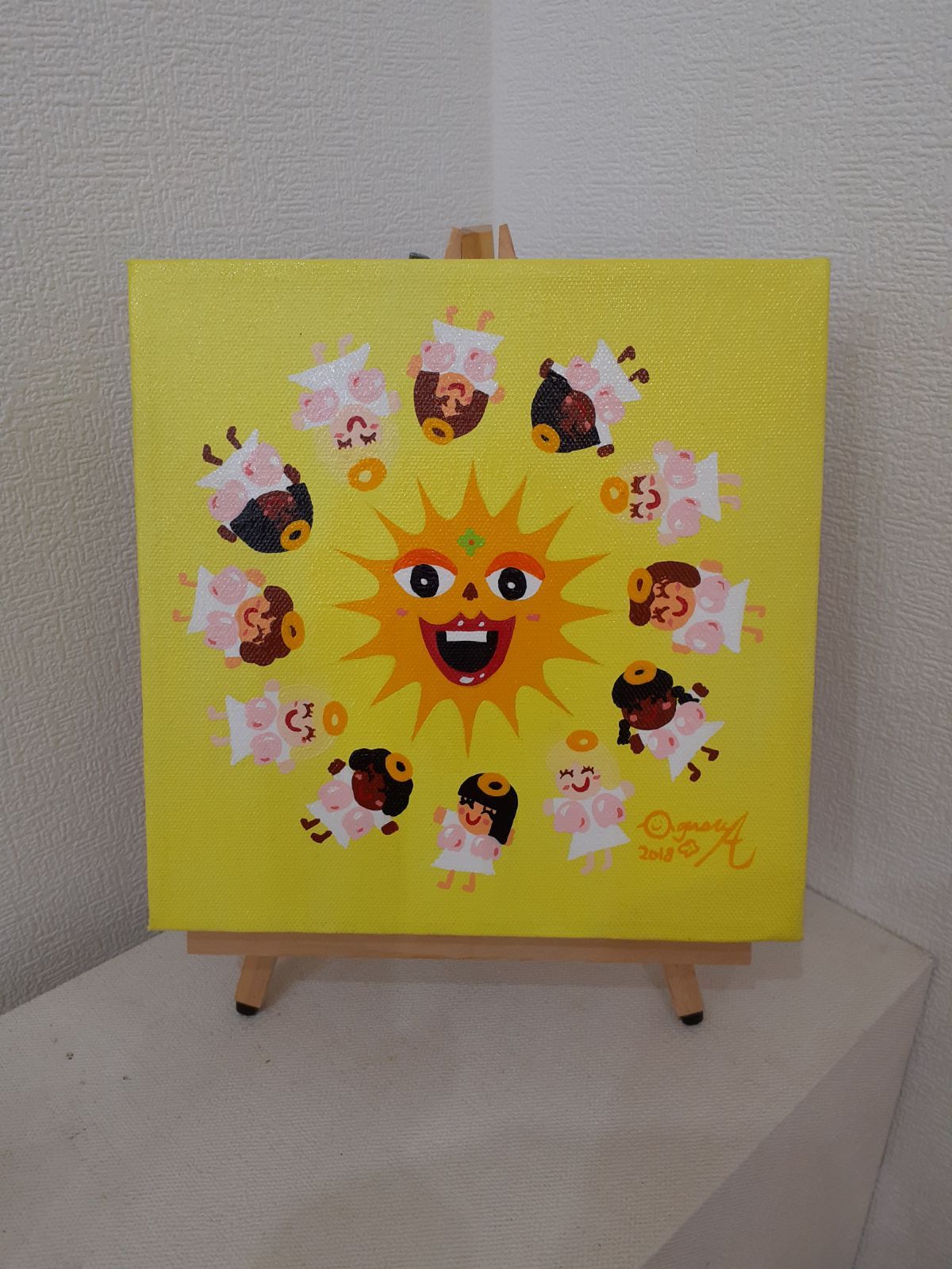 天使とハッピー太陽 アクリルガッシュ 20×20cm 画家 小楠アキコ作品