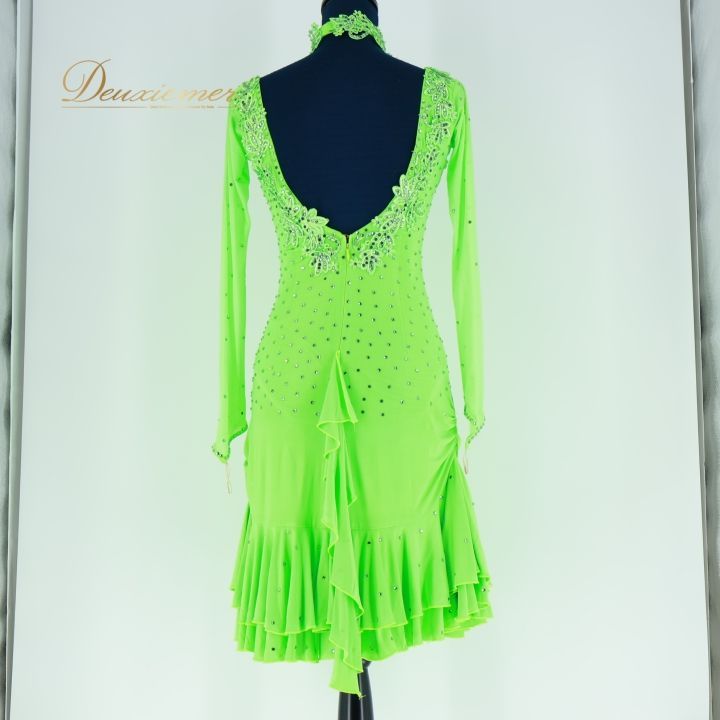 社交ダンス 衣装 ラテン ドレス ワンピース 黄緑 蛍光 デモ 競技