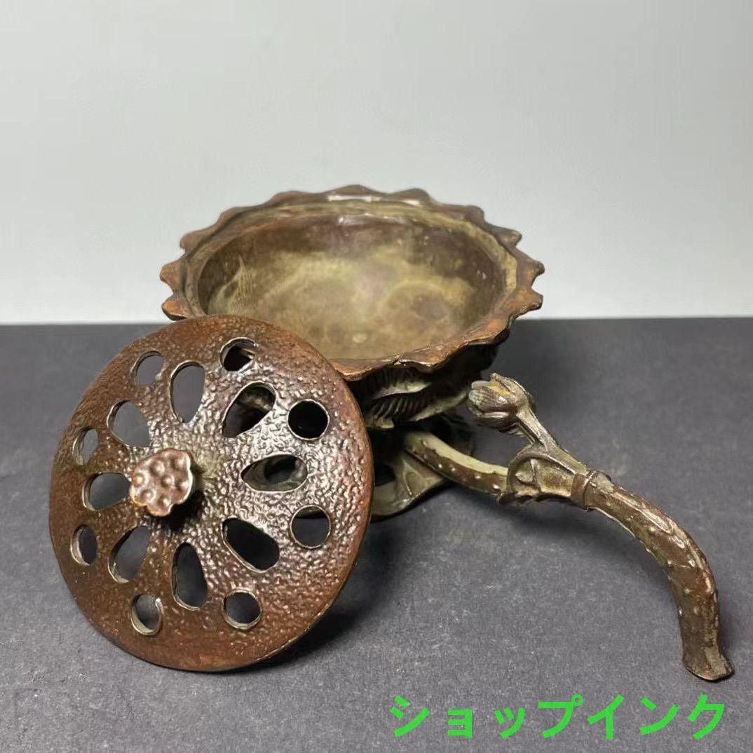 蓮華香炉 銅香炉 茶道具 香道具 仏具 工芸品 置物 □蓮華型 銅製 柄香炉/仏教美術/茶道具/香道具/金属工芸&0228901969