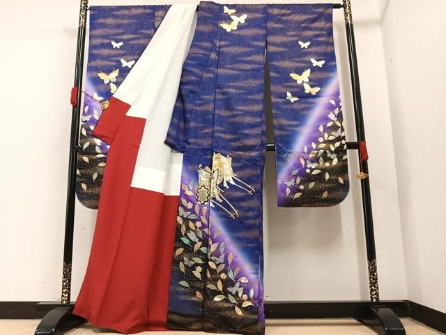 豪華振袖　長襦袢セット(無双仕立て)　舞蝶花文　暈し染め　金銀彩　正絹　逸品 平和屋着物□豪華振袖 御所車舞蝶文 暈し染め 金銀彩 正絹 逸品