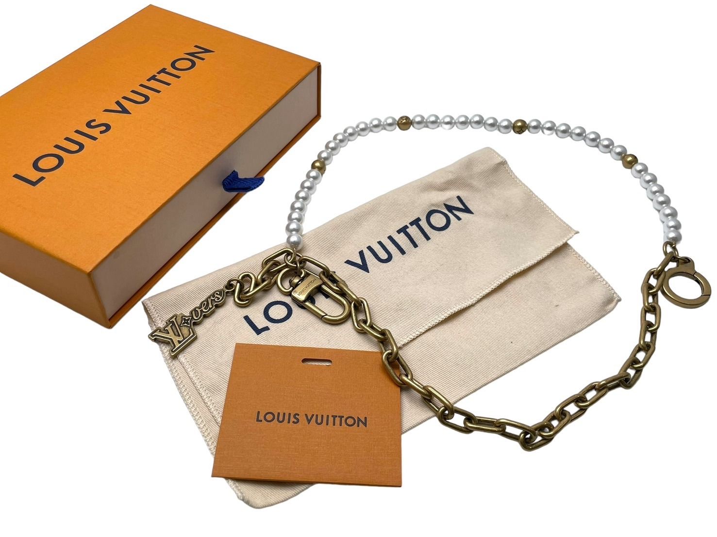 新品同様 LouisVuitton ルイヴィトン ウォレットチェーン チェインベルトパールバッグチャーム M01689 グラスパール GP 中古 64860