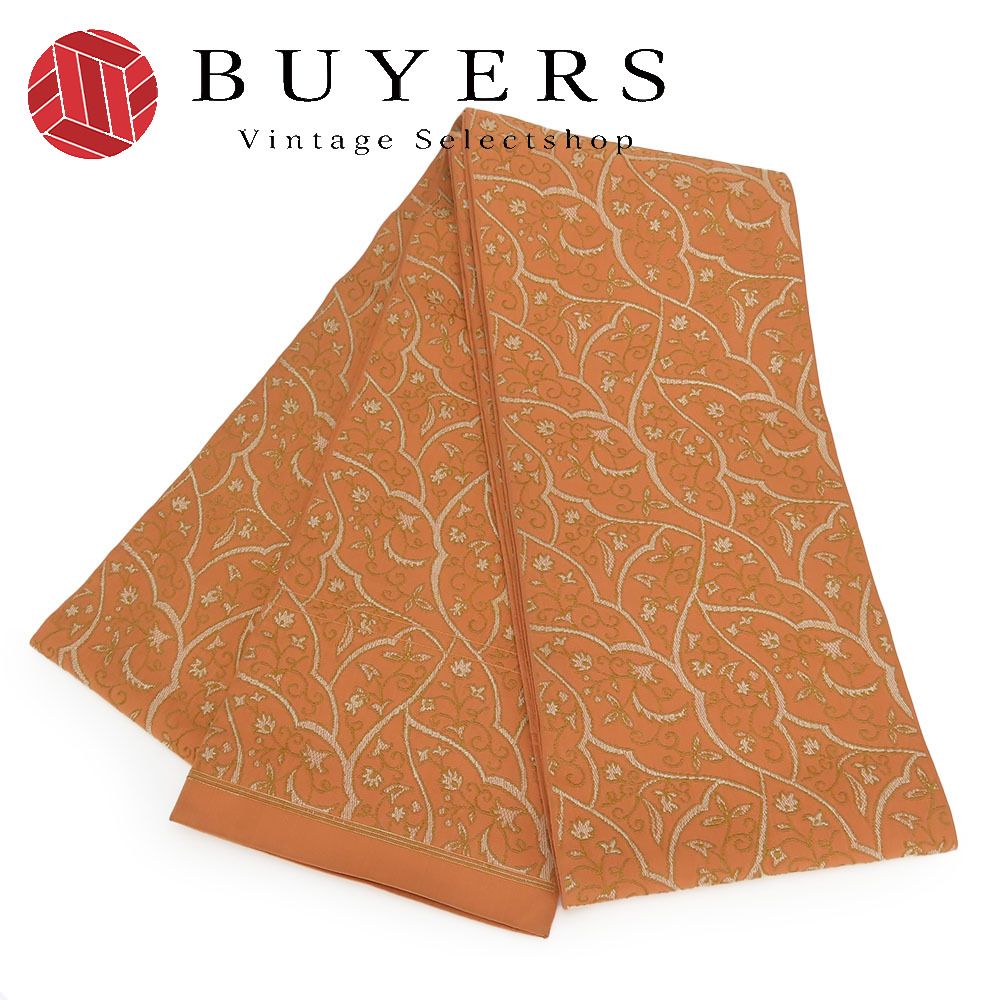 【中古】 半幅帯 正絹(金銀糸除く) オレンジ系 花唐草模様 呉服　着物 和装 和装 呉服 和服 きもの レディース 女性